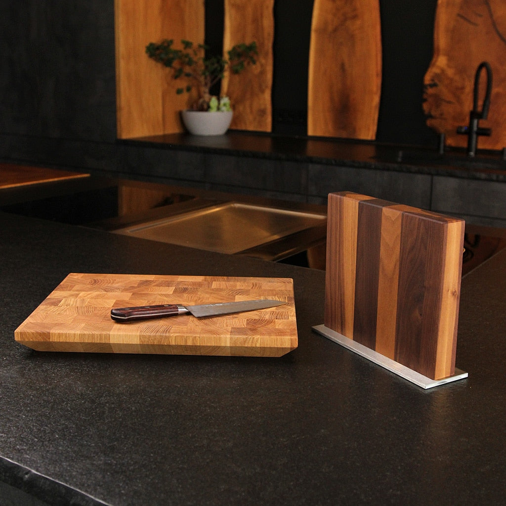 A magnetic knife block made from solid walnut