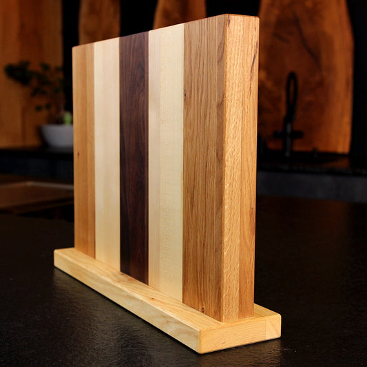 Close-up of a handcrafted Birch, Oak and Walnut Magnetic Knife Block